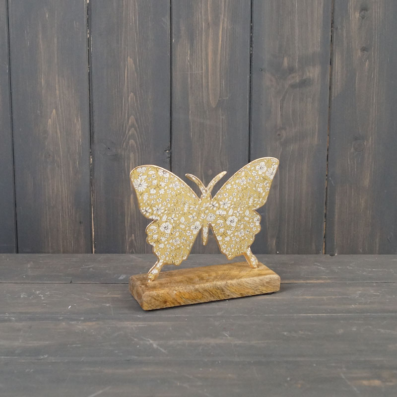 Large Light Green Metal Butterfly on Wooden Base detail page